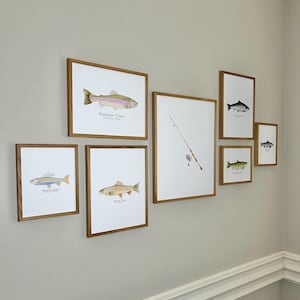 Watercolor Fishing Art Print Set, Fishing Pole, Salmon, Trout, Fishing Decor for Nursery, Office, Kids Room, Perfect Gift for Fishing Lovers