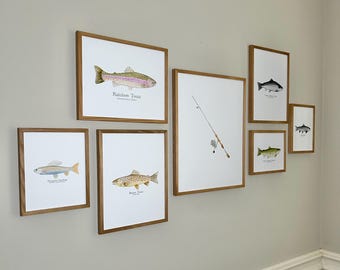 Watercolor Fishing Art Print Set, Fishing Pole, Salmon, Trout, Fishing Decor for Nursery, Office, Kids Room, Perfect Gift for Fishing Lovers