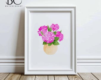 Impression aquarelle d'hortensias roses, hortensias dans un pot en argile, impression d'hortensias roses, art mural hortensias, art mural galerie, cadeau pour amateur d'hortensias