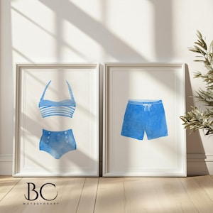 Vintage Couple Blue and White Swimsuit Art Print Set, Watercolor Vintage Bathing Suit Print Set, Beach House Decor, Lake House Wall Art