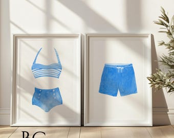 Conjunto de maiô vintage azul e branco com estampa artística, conjunto de maiô vintage em aquarela, decoração para casa de praia, arte de parede para casa no lago