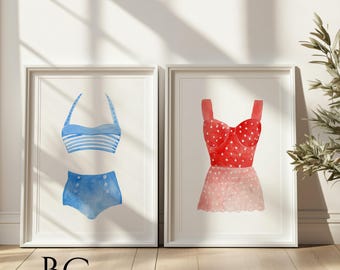 Vintage Swimsuit Watercolor Art Print Set: Beach House Decor