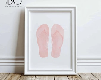 Watercolor Pink Beach Flip Flop Wall Art Print, Beach House Decor, Lake House Wall Art, Flip Flop Wall Art, Pink sandals print