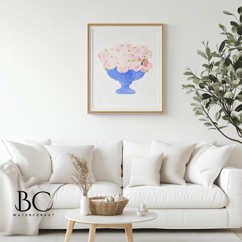 May include: A watercolour painting of a blue vase filled with pink flowers. The vase is on a white background.