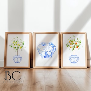 Set of 3 Watercolor Lemon & orange Chinoiserie art prints, Blue White porcelain art, Ginger Jar Print, Blue White Chinoiserie Home Decor