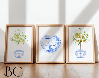 Set of 3 Watercolor Lemon & orange Chinoiserie art prints, Blue White porcelain art, Ginger Jar Print, Blue White Chinoiserie Home Decor