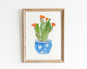 watercolor cactus art print , cactus artwork , cactus wall art, blue vase watercolor cactus print, Cactus Home decor, gift, chinoiserie,