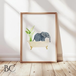 Watercolor Elephant in Blue Bathtub art print, Vintage Bathroom Art Print, Bathroom Wall Decor, Animal in Tub, Bathtub Animal Art