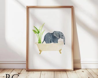 Impression d'art éléphant aquarelle dans une baignoire : décoration de salle de bain vintage