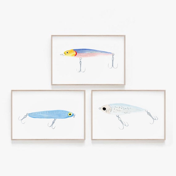 Señuelos de pesca Conjunto de 3 grabados, Arte de pesca, señuelos
