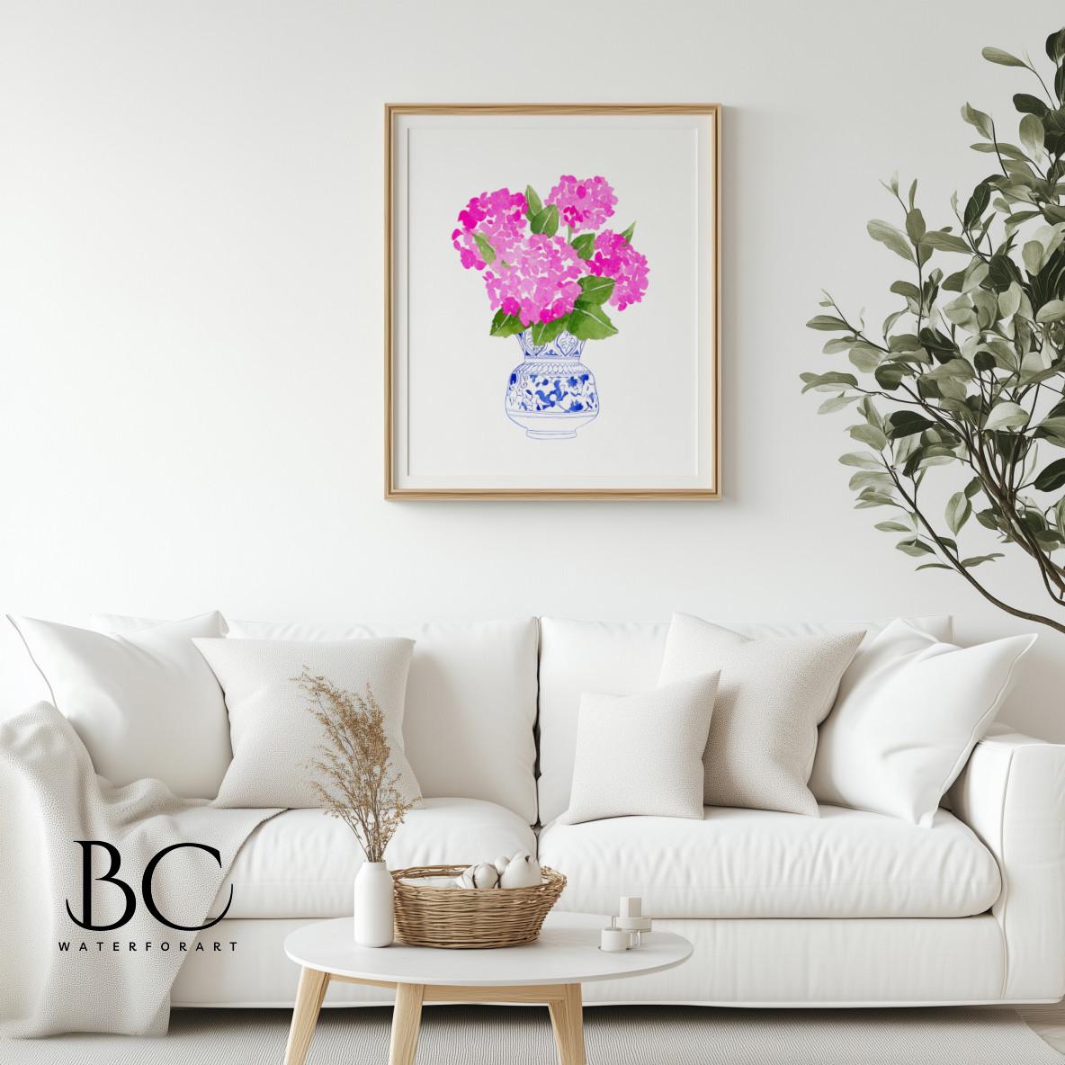 Watercolor Pink Hydrangea in Blue Vase Art Print, Hydrangea Blue and ...