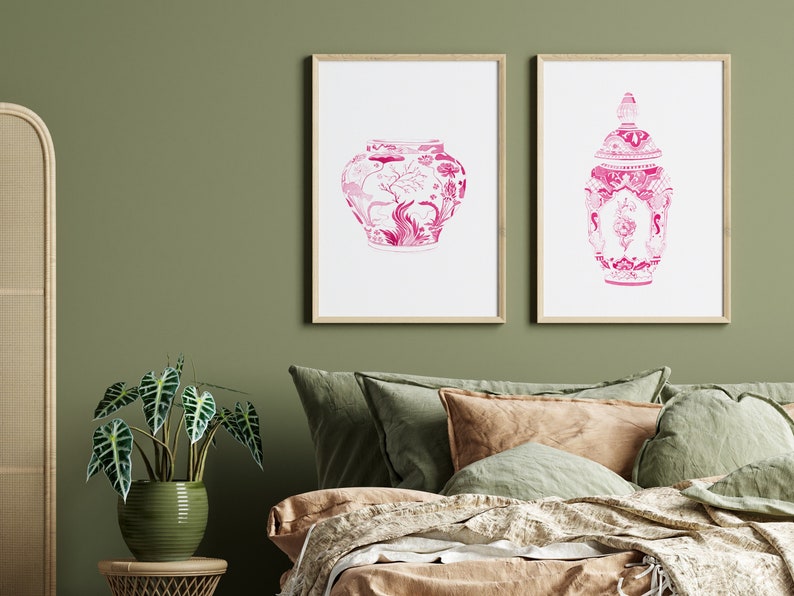 Hot Pink Watercolor Chinoiserie Print, Set of 2 Hot Pink Vases, Pink Watercolor Porcelain, Hot Pink Wall Art, Pink Wall Art Set, Pink Vases image 1