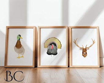 Conjunto de impressões de arte de caça, decoração de parede de caça, impressão de pato-real, arte de caça ao veado, arte de caça ao peru, arte de parede de casa no lago, presente de arte de caça