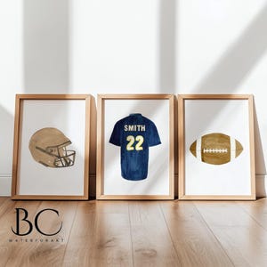 Personalized Watercolor Football Jersey Helmet & Football Art Print Set for kids Room Nursery or Office, Custom Football Lover's Gift Idea