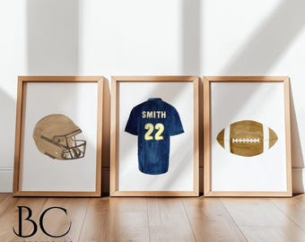 Personalized Watercolor Football Jersey Helmet & Football Art Print Set for kids Room Nursery or Office, Custom Football Lover's Gift Idea