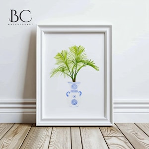 Aquarell Palme in einer blauen und weißen Chinoiserien Vase Kunstdruck, Aquarell Palme Kunstdruck, Vase Tropische Blätter Druck, Palmenblatt Druck