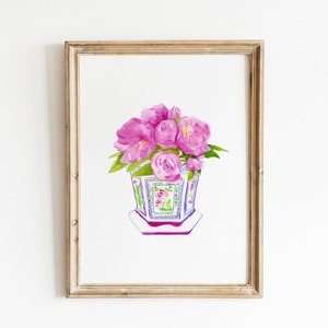 Set of 6 chinoiserie art, ginger jar, gallery wall prints, gallery wall art, pink print, trendy wall art, Watercolor peony porcelain print image 2