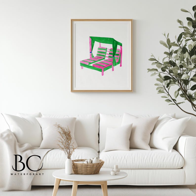 May include: A watercolor painting of a green and pink striped double lounge chair with a green canopy. The chair is set against a white background.