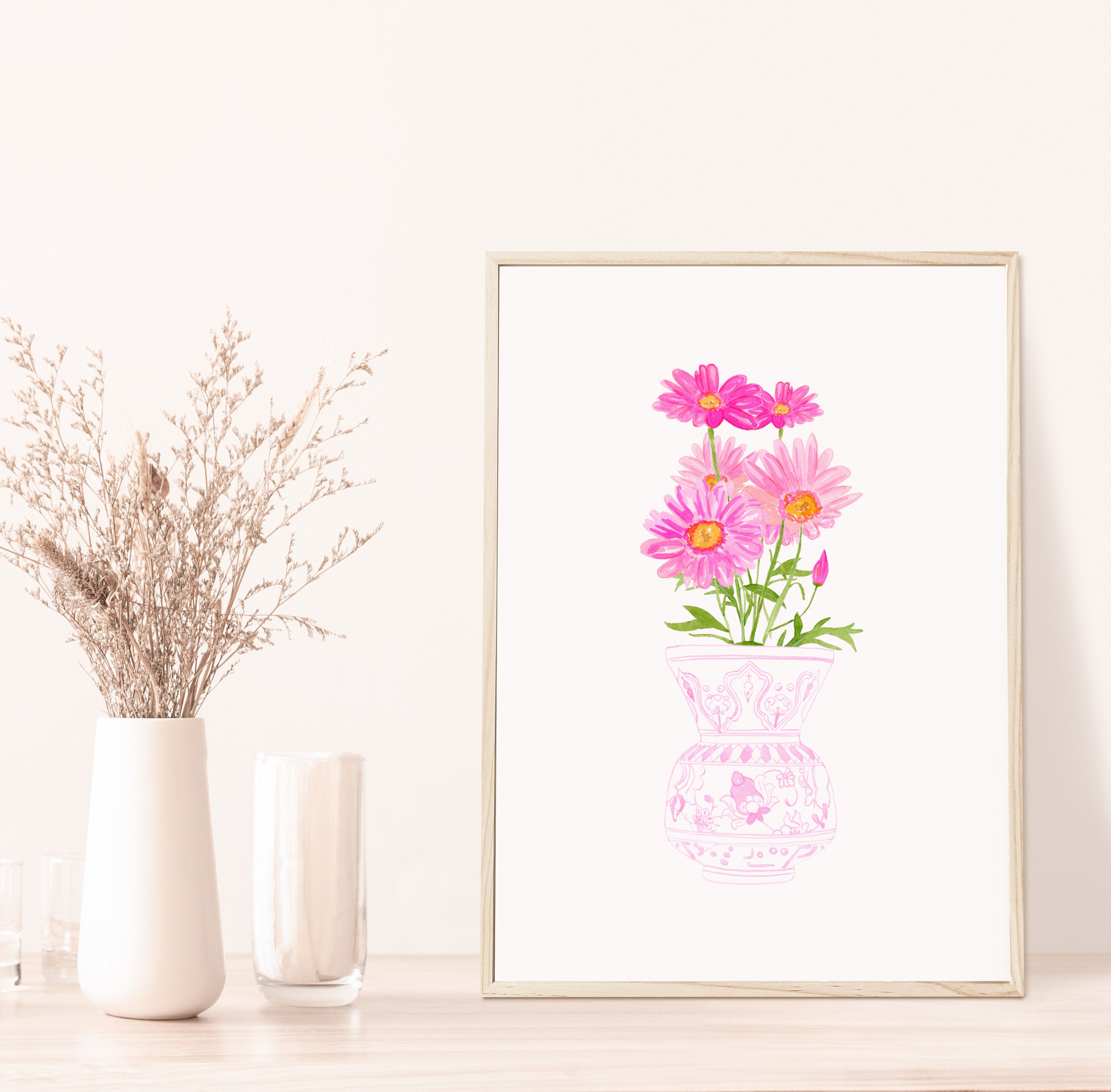 Watercolor Pink Daisy Art Print Pink Watercolor Flower Art | Etsy