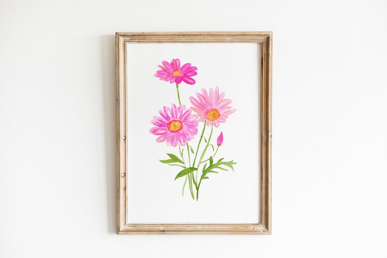 Watercolor Pink Daisy Art Print, Pink Watercolor Flower art, Botanical Prints, Watercolor Daisy Painting, Daisies Kitchen Decor, Daisy Art image 1