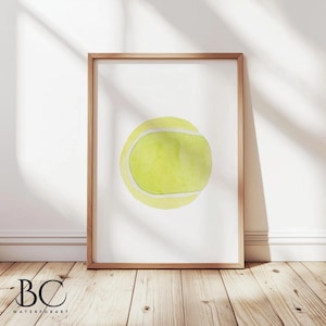 Impresión artística de acuarela para guardería con pelota de tenis amarilla, decoración deportiva para amantes del tenis, regalo de tenis, idea de regalo para jugadores de tenis