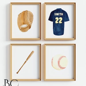 Personalized Watercolor Baseball Art Print Set, Sport prints, baseball, Bat, Glove & Jersey prints, baseball room decor, sport nursery decor