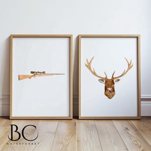 Watercolor Hunting art set of 2, Hunting Riffle & Deer Art Print, Hunting Wall Decor, Man Cave decor, Deer print, Western Decor, Deer Print