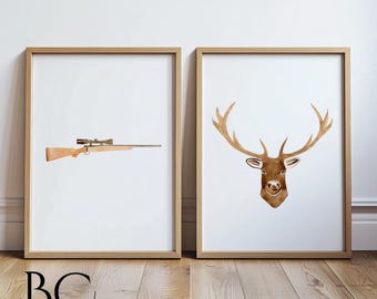 Conjunto de arte de caça em aquarela com 2 peças, impressão de arte de rifle de caça e veado, decoração de parede de caça, decoração de caverna do homem, impressão de veado, decoração ocidental, impressão de veado