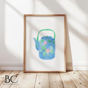 Impressão artística de bule de chá vintage em aquarela, bule de chá rosa choque com flores verdes, decoração de parede de cozinha perfeita, presente artístico de chaleira, presente de inauguração de casa