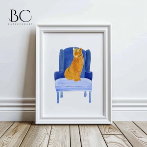 Watercolor Tiger Art Print: Jungle Animal on Armchair