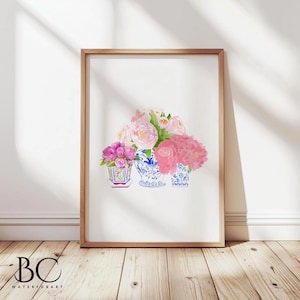 Watercolor peonies and blue vases prints, Coastal Blues, Blue White porcelain Vase prints , Pink peony floral art, Limited Edition Peony Art