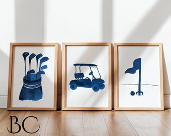 Golf Nursery Art, Watercolor Golf Print Set of 3, Blue Golf Decor, Golf Art, Golf Gift, Golf Baby Room