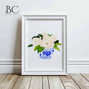 Aquarell Chinoiserie Magnolie Kunst, Magnolie Wandkunst, Chinoiserie Blau Weiß Porzellandruck, Blumen Ginger Jar Poster Botanischer Druck