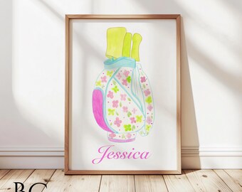 Watercolor pink & green floral golf bag art print wall art for girls room, Golf girl nursery decor, Personalized golfer female birthday gift