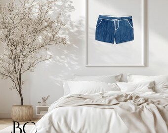 Vintage Swim Trunks Watercolor Art Print: Navy Beach House Decor