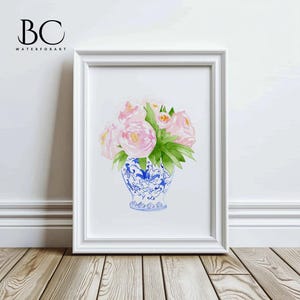 Pink Watercolor Peonies in Blue Vase Art Print, Blue and Pink peony Wall Decor, Pink Country home or Lakehouse Decor, Flower Lover Art Gift