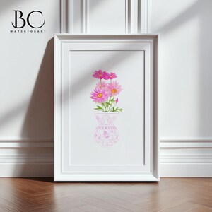 May include: A watercolor painting of pink flowers in a white vase with a floral pattern. The vase is on a white background.