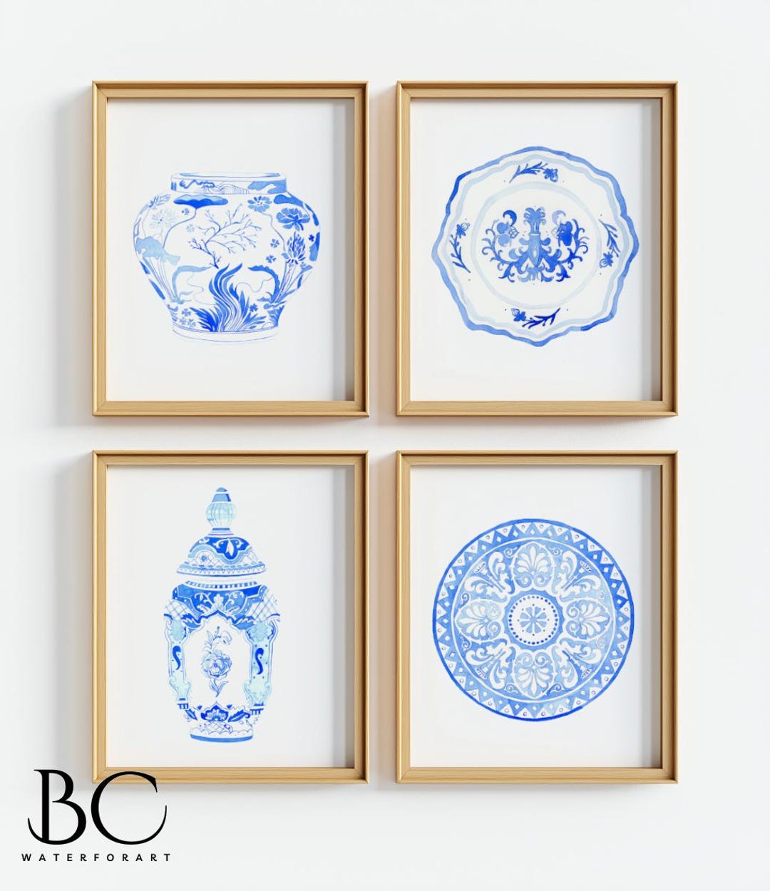 Set of 4 Blue & White Watercolor Chinoiserie Prints, Oriental Vase Art ...