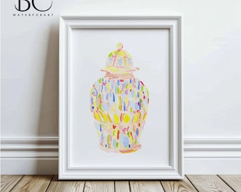 Watercolor Porcelain Vase Print, Famille Rose Ginger Jar Art, Rose medallion print, Vase artwork, Famille Rose medallion Vase Art