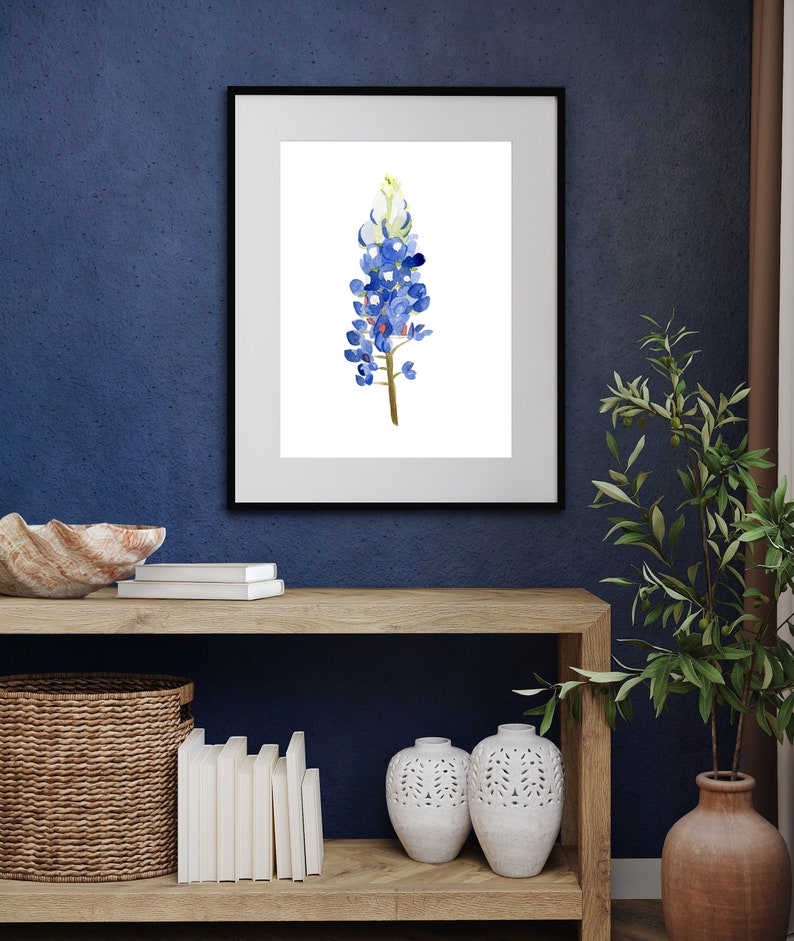 Watercolor Bluebonnet Painting Art Print, Texas Hill Country Wildflower Home Wall Decor, Country Living, Farmhouse, Gift for Flower Lovers image 1