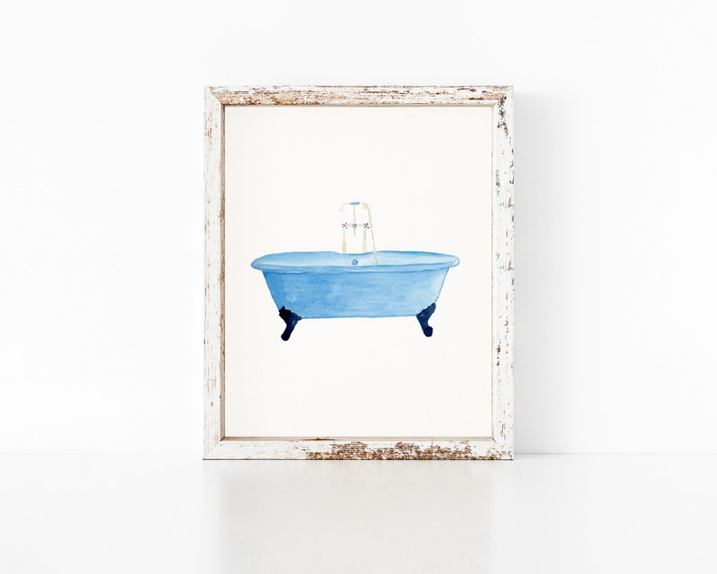 Watercolor Vintage Bathroom Art Print Blue Bathtub Art Print Etsy