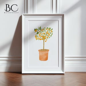 May include: A watercolor painting of a potted orange tree with green leaves and orange fruit. The tree is in a terracotta pot and is set against a white background.