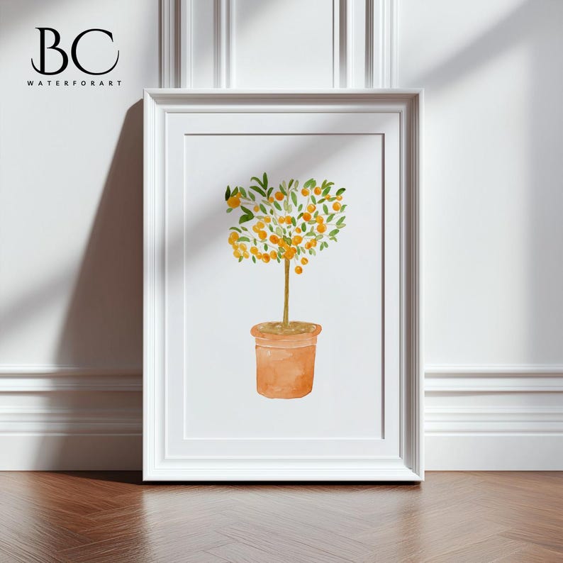 May include: A watercolor painting of a potted orange tree with green leaves and orange fruit. The tree is in a terracotta pot and is set against a white background.