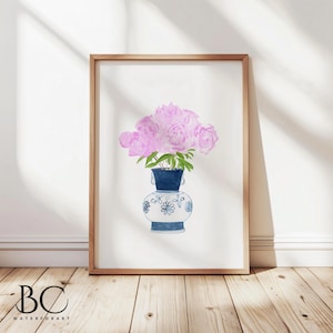 Watercolor Pink Peonies Art Print: Chinoiserie Vase Floral Decor