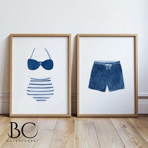 Watercolor Vintage Style Swimsuit Art Prints, Navy Blue & White Bathing Suit Art, Beach House Decor, Lake House Wall Art, Nursery decor