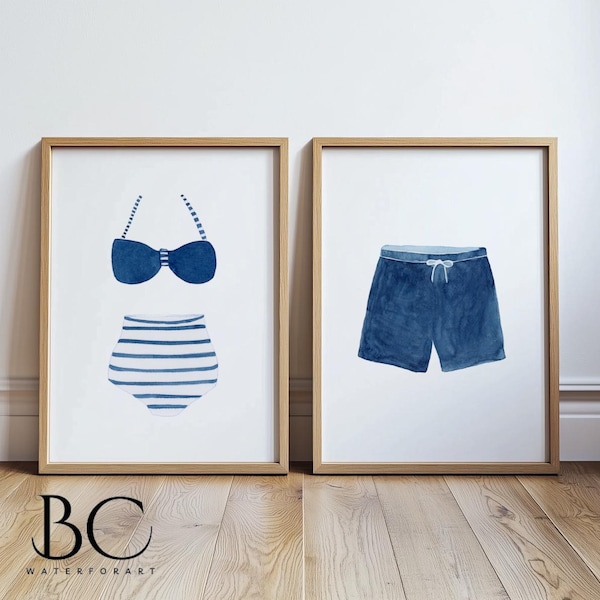 Láminas artísticas de trajes de baño estilo vintage en acuarela, arte de trajes de baño azul marino y blanco, decoración para casa de playa, arte de pared para casa de lago, decoración para habitación infantil
