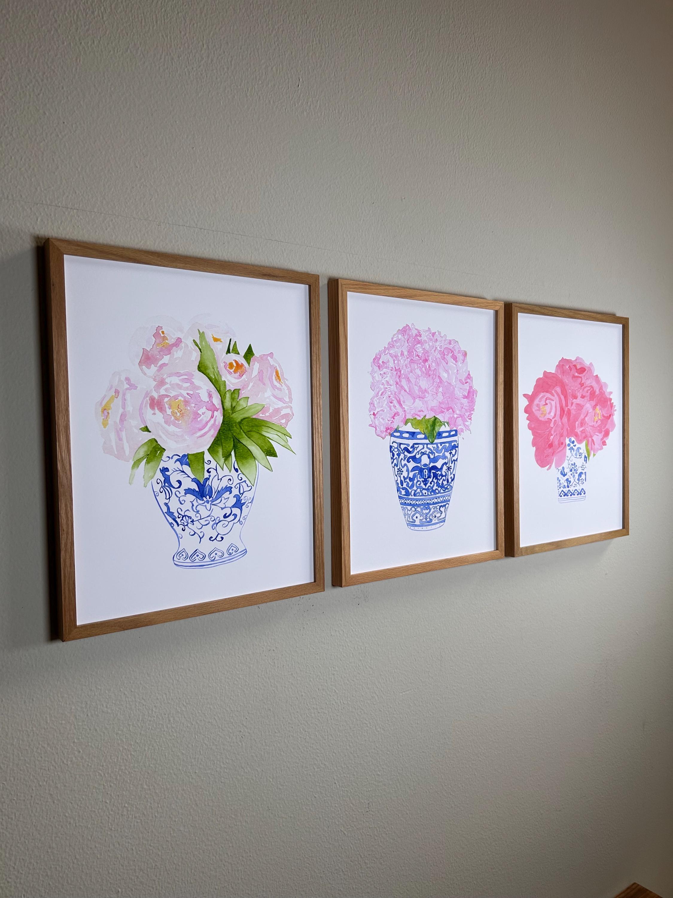 Set of 3 Coastal Blue Watercolor Peony in Porcelain Art Print, Blue ...