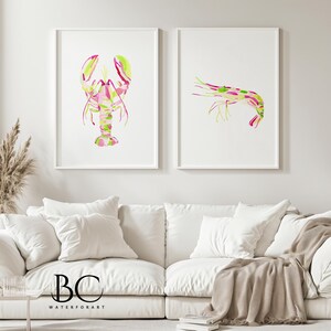 Watercolor Pink Shrimp & Lobster art print set, Coastal art, lobster print, Shrimp Wall Art, Nautical Print, beach house decor, beach lover