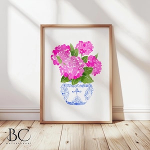 Watercolor Pink Hydrangea Chinoiserie Print, Hydrangea Blue and White Porcelain Art, Pink Hydrangea Print, Watercolor Hydrangea Wall Art