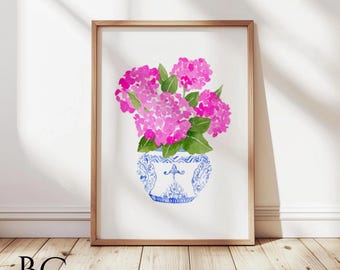Watercolor Pink Hydrangea Chinoiserie Print, Hydrangea Blue and White Porcelain Art, Pink Hydrangea Print, Watercolor Hydrangea Wall Art